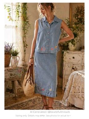Vintage Denim Embroidered Skirt Set Cottagecore Summer Outfit L Petites